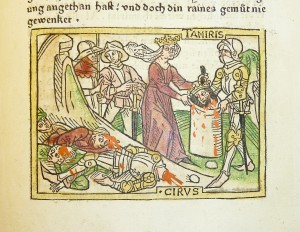 Woodcut illustration of the defeat of Cyrus II by Tomyris, Queen of the Massagetae